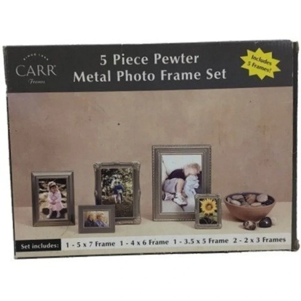 Carr 5 Piece Pewter Metal Photo Frame Set Silver New Distressed Box